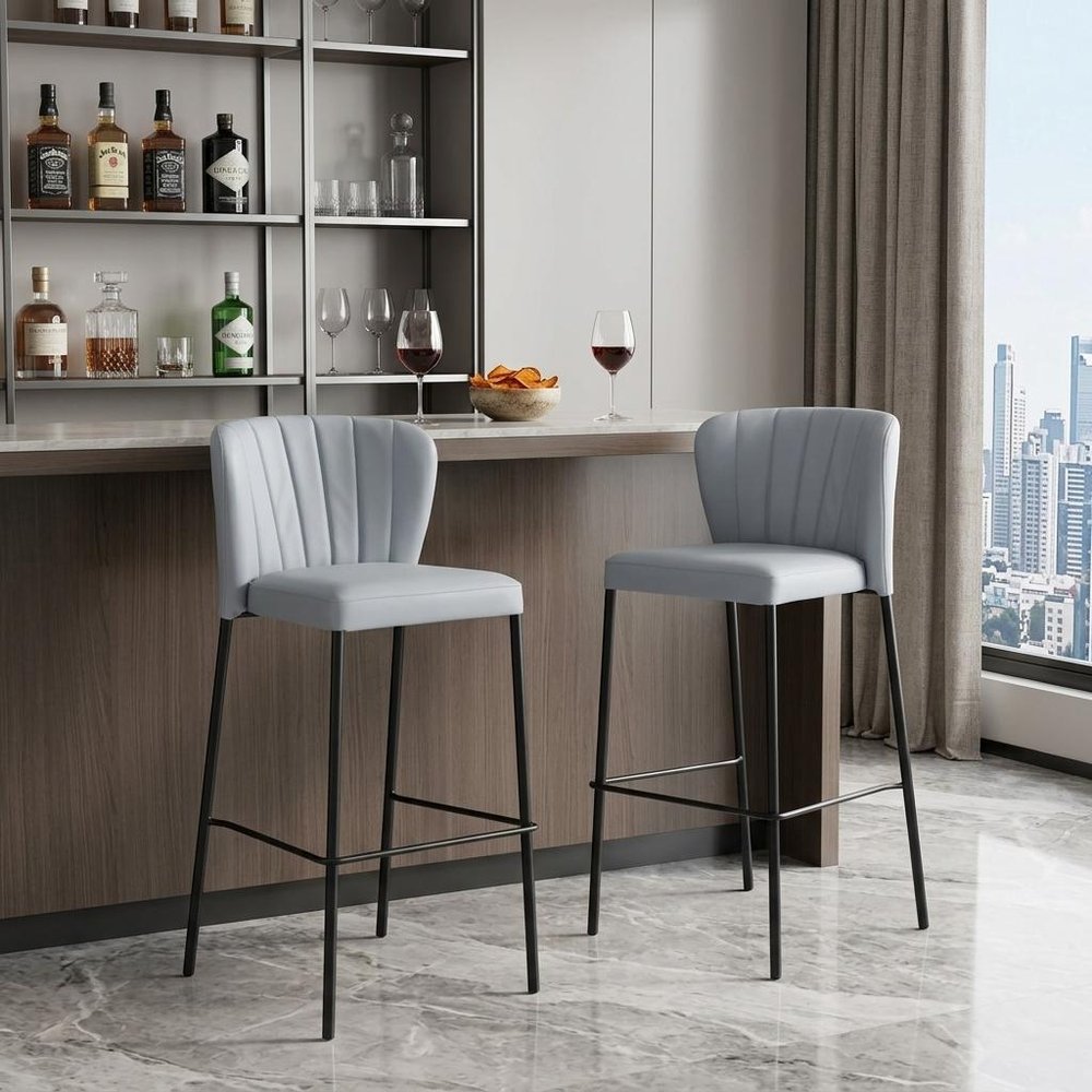 Set of Two 29" Gray And Black Faux Leather And Fabric And Steel Bar Height Bar Chairs