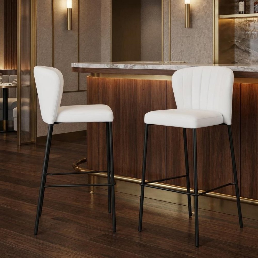 Set of Two 29" Gray And Black Faux Leather And Fabric And Steel Bar Height Bar Chairs