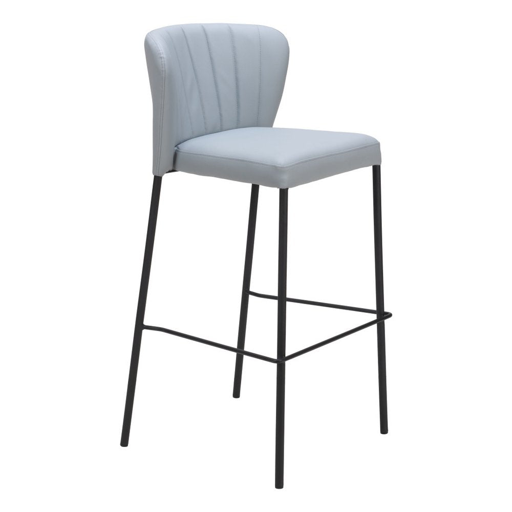 Set of Two 29" Gray And Black Faux Leather And Steel Bar Height Bar Chairs