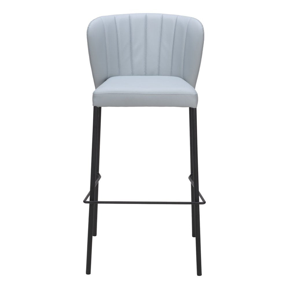 Set of Two 29" Gray And Black Faux Leather And Fabric And Steel Bar Height Bar Chairs