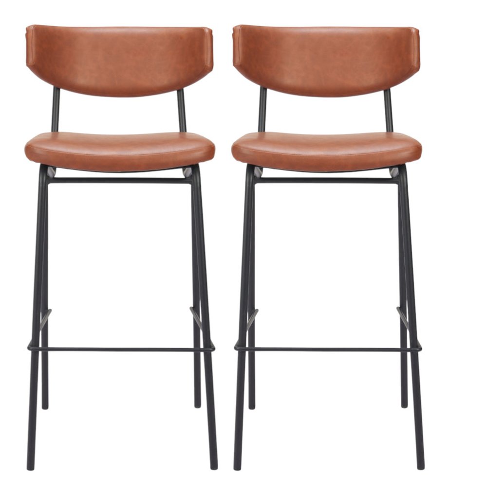 Set of Two 26" Brown And Black Faux Leather And Steel Counter Height Bar Chairs