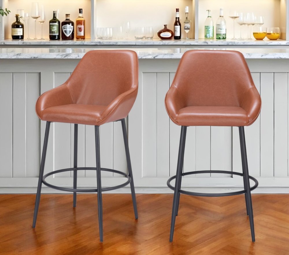 Set of Two 30" Brown And Black Faux Leather And Steel Bar Height Bar Chairs