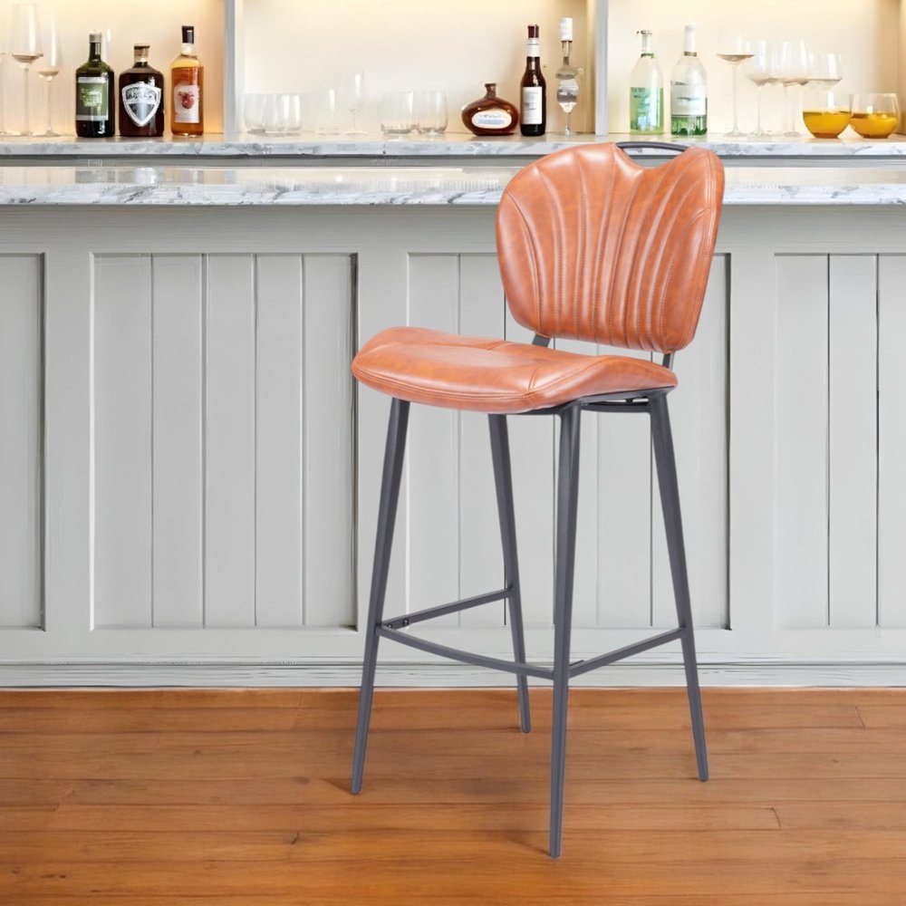 30" Brown And Black Faux Leather And Steel Low Back Bar Height Bar Chair