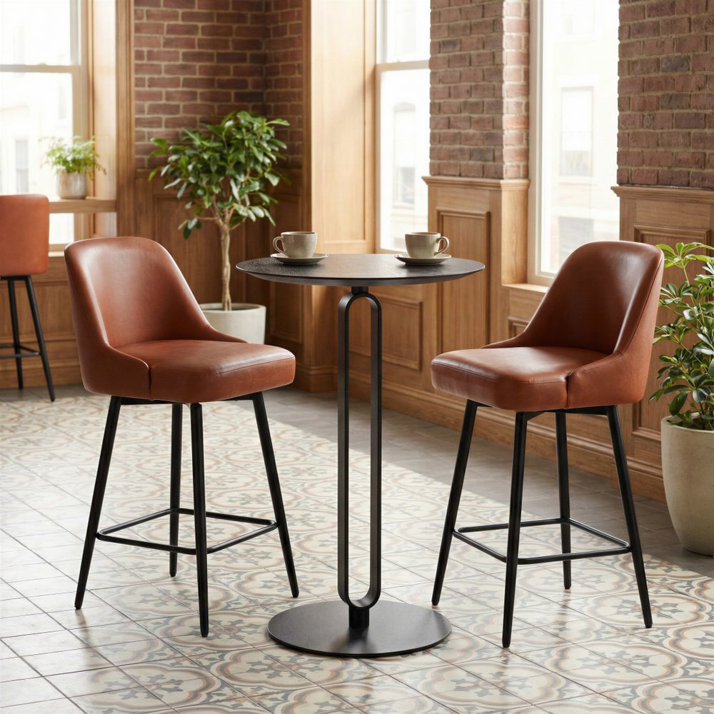 26" Brown And Black Faux Leather And Steel Counter Height Swivel Bar Chair