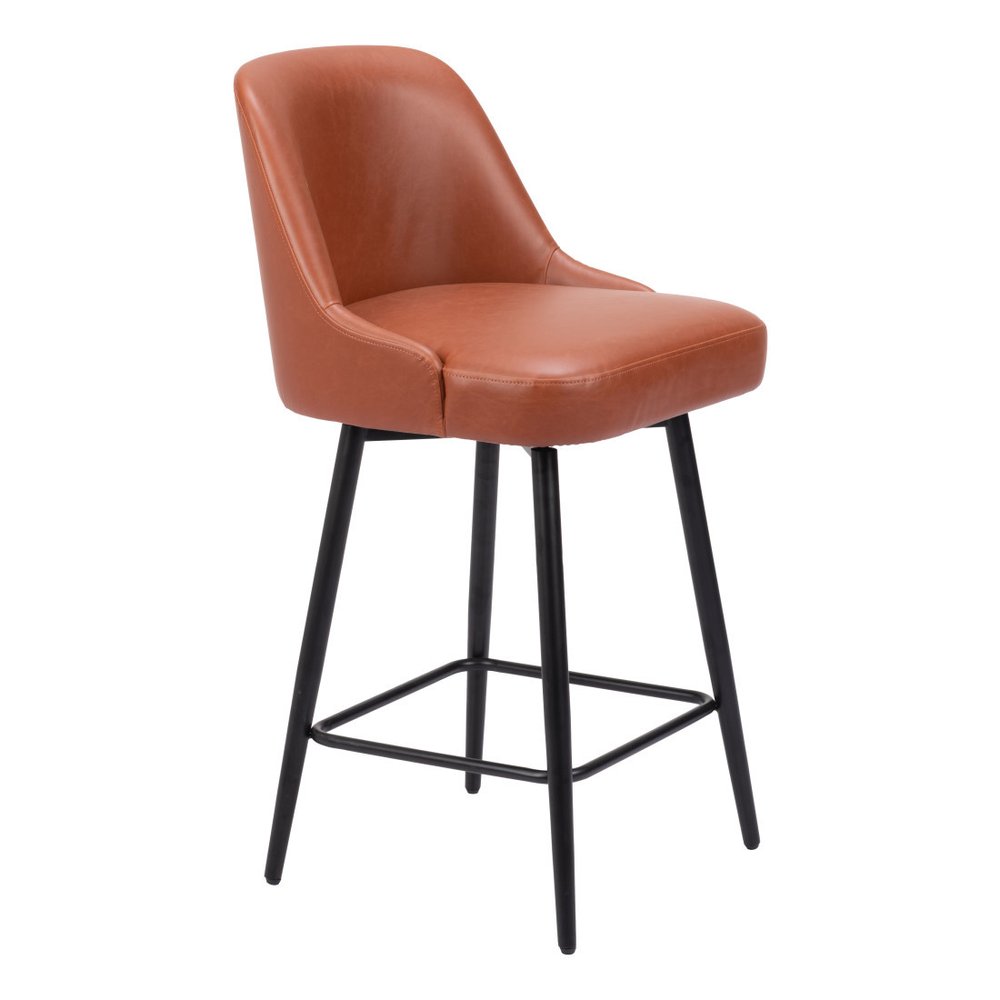26" Brown And Black Faux Leather And Steel Counter Height Swivel Bar Chair