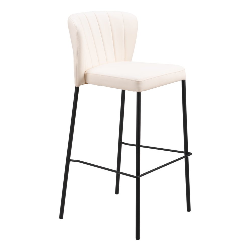 Set of Two 29" Cream And Black Faux Leather And Steel Bar Height Bar Chairs