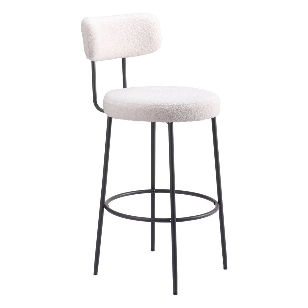 Set of Two 29" Ivory And Black Shearling And Steel Low Back Bar Height Bar Chairs