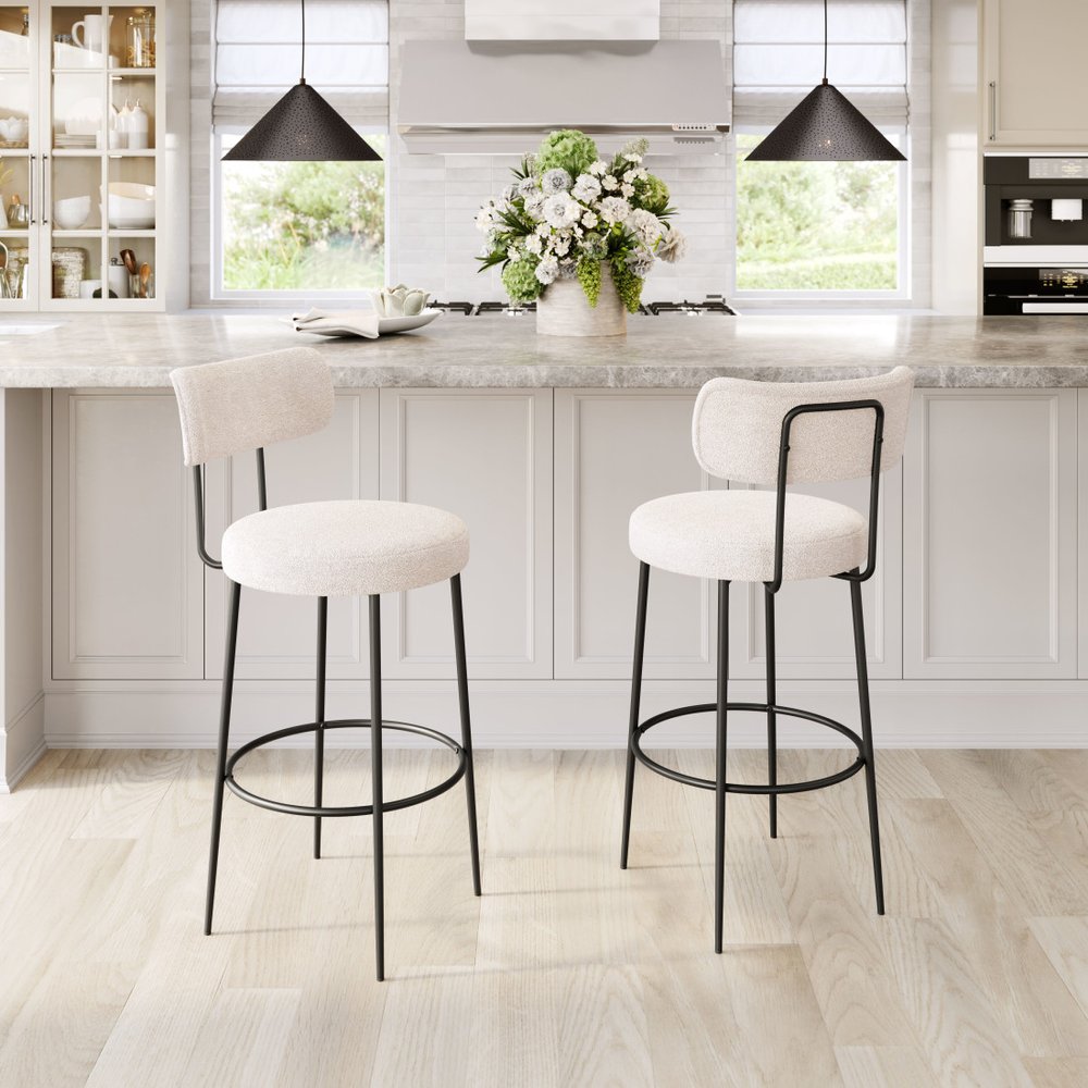 Set of Two 29" Ivory And Black Shearling And Steel Low Back Bar Height Bar Chairs