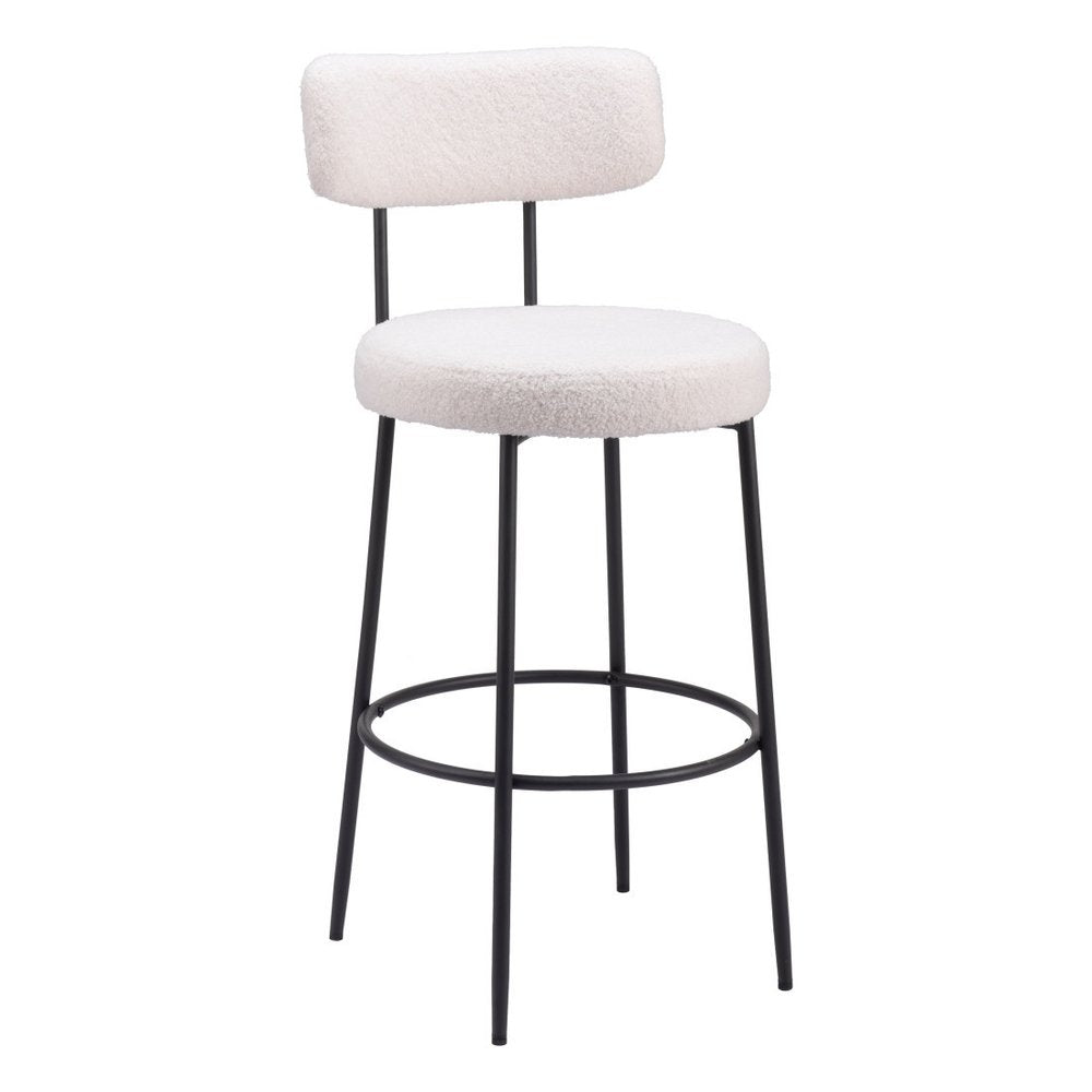 Set of Two 29" Ivory And Black Shearling And Steel Low Back Bar Height Bar Chairs