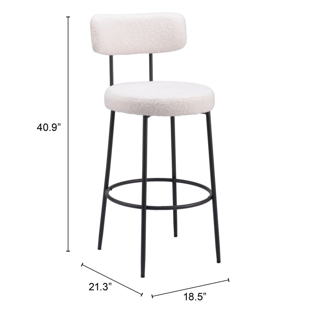 Set of Two 29" Ivory And Black Shearling And Steel Low Back Bar Height Bar Chairs