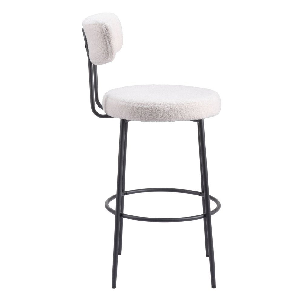 Set of Two 29" Ivory And Black Shearling And Steel Low Back Bar Height Bar Chairs