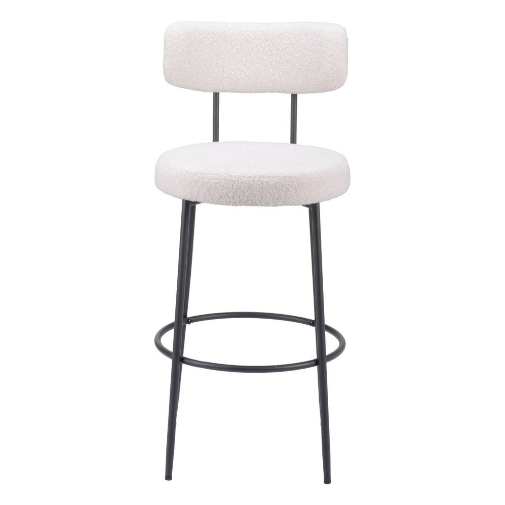 Set of Two 29" Ivory And Black Shearling And Steel Low Back Bar Height Bar Chairs