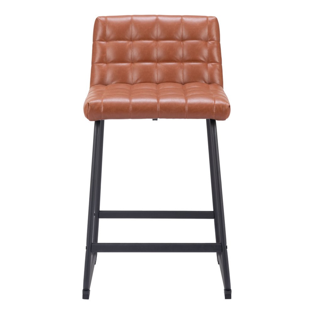 Set of Two 26" Brown And Black Faux Leather And Steel Counter Height Bar Chairs
