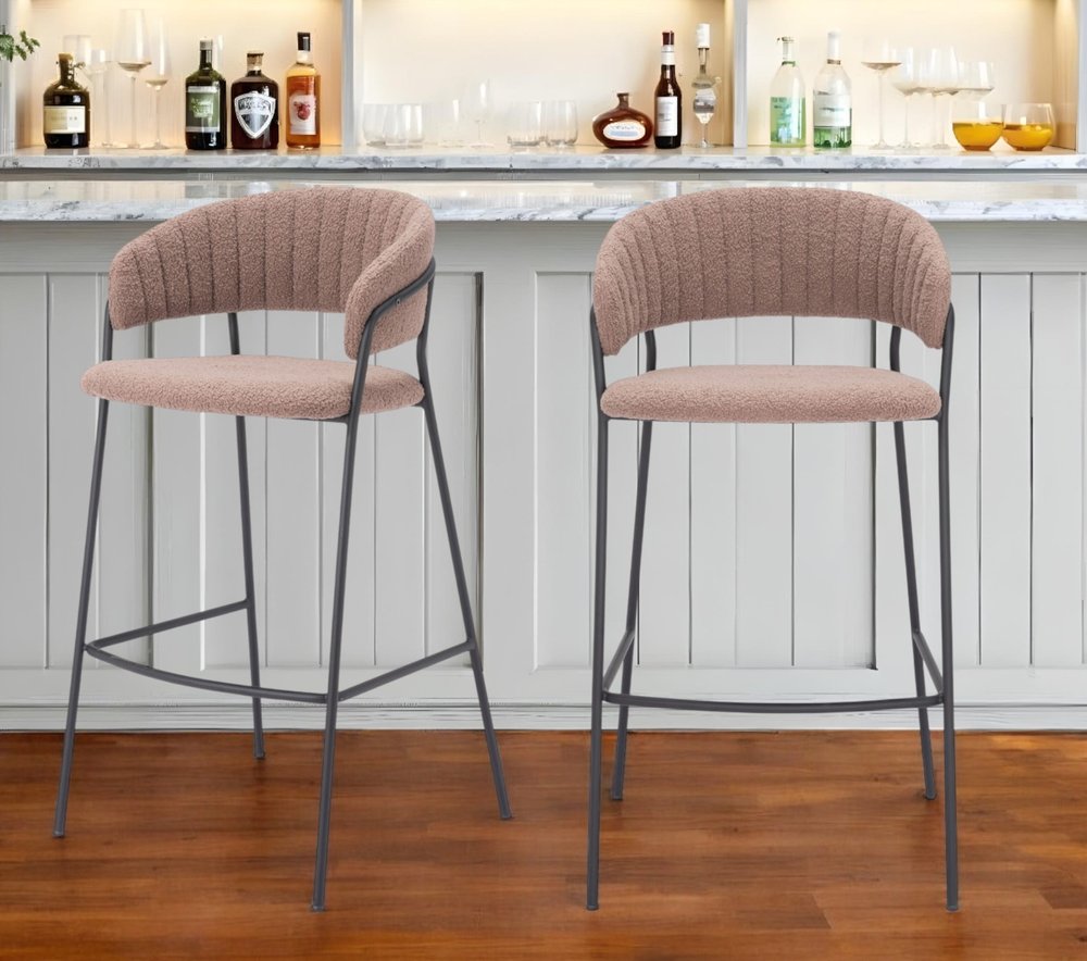 Set of Two 30" Brown and Black Shearling and Steel Low Back Bar Height Bar Chairs