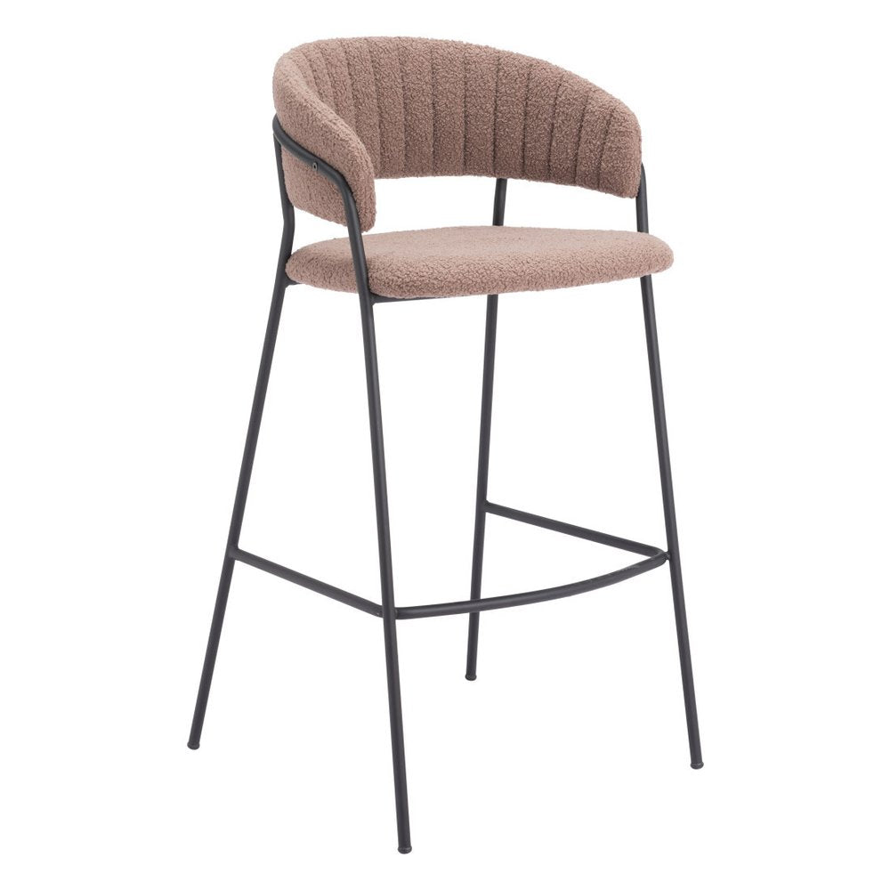 Set of Two 30" Brown and Black Shearling and Steel Low Back Bar Height Bar Chairs