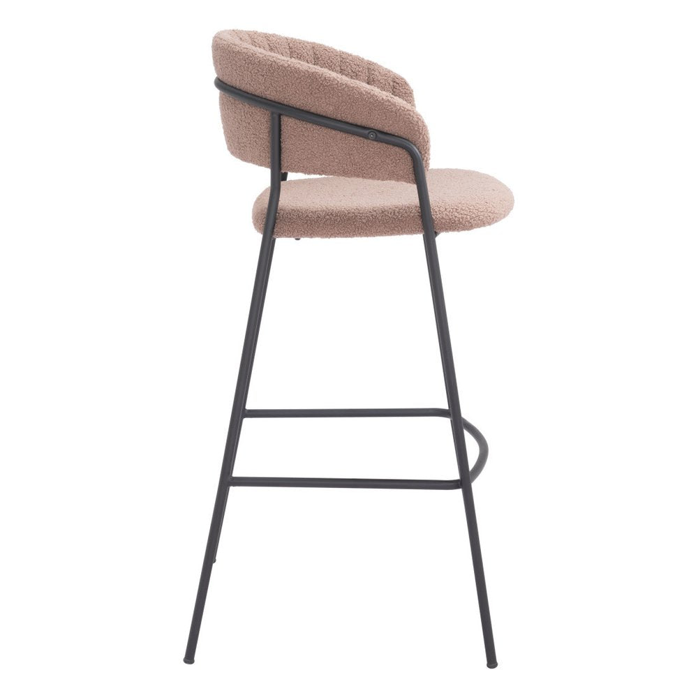 Set of Two 30" Brown and Black Shearling and Steel Low Back Bar Height Bar Chairs
