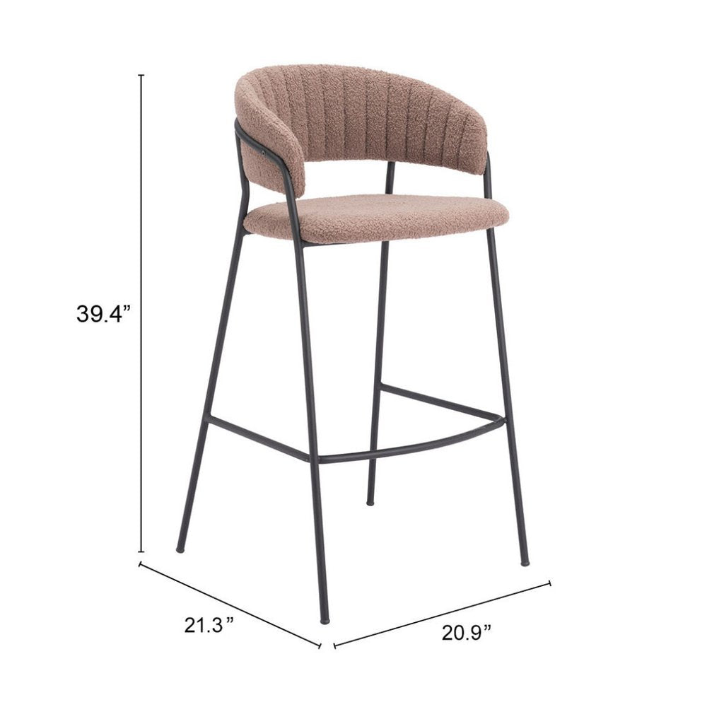 Set of Two 30" Brown and Black Shearling and Steel Low Back Bar Height Bar Chairs