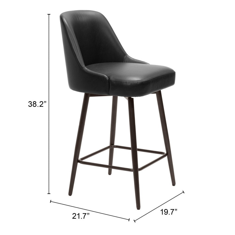 26" Black And Bronze Faux Leather And Steel Counter Height Swivel Bar Chair
