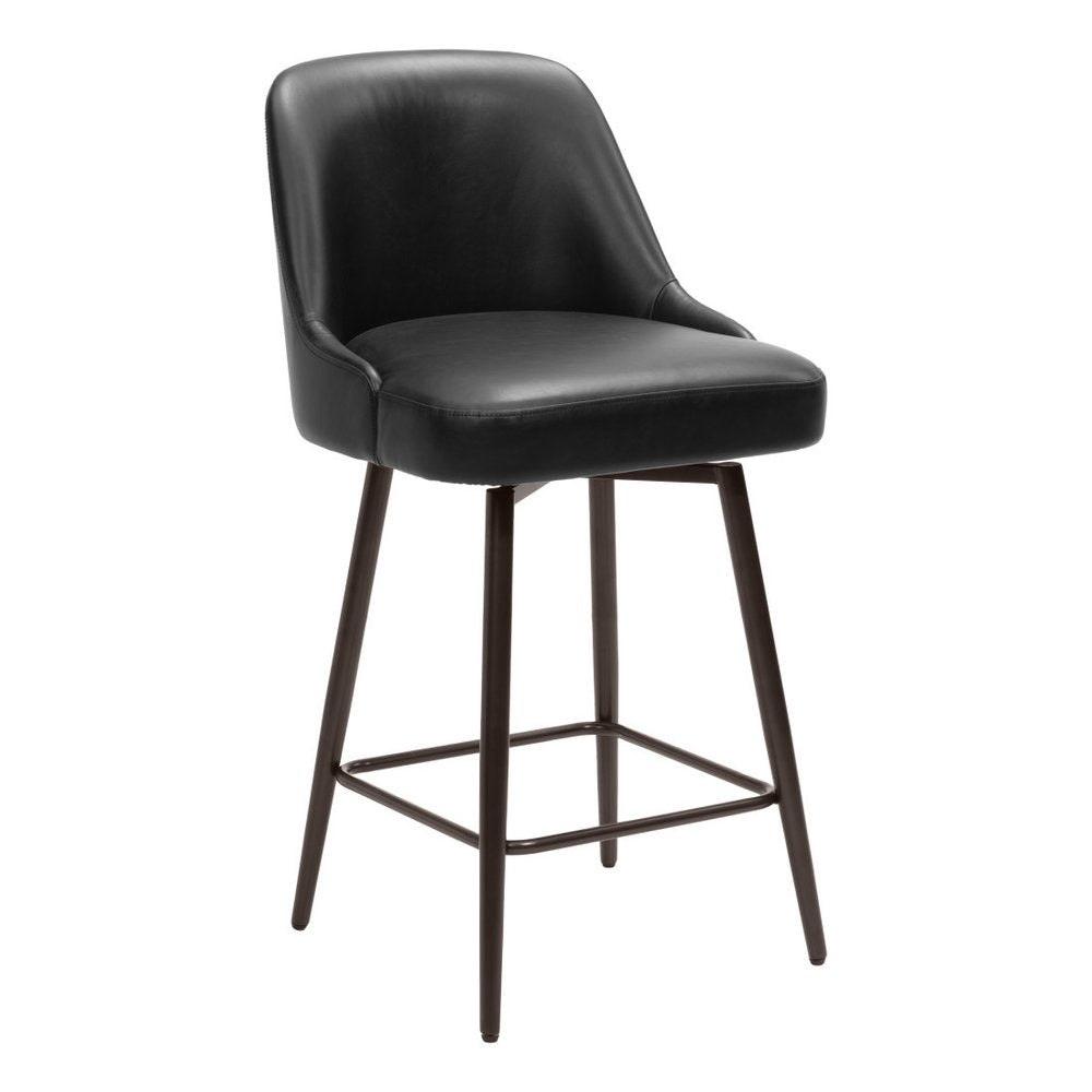 26" Black And Bronze Faux Leather And Fabric And Steel Counter Height Swivel Bar Chair