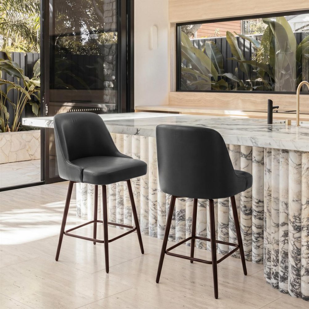 26" Black And Bronze Faux Leather And Fabric And Steel Counter Height Swivel Bar Chair