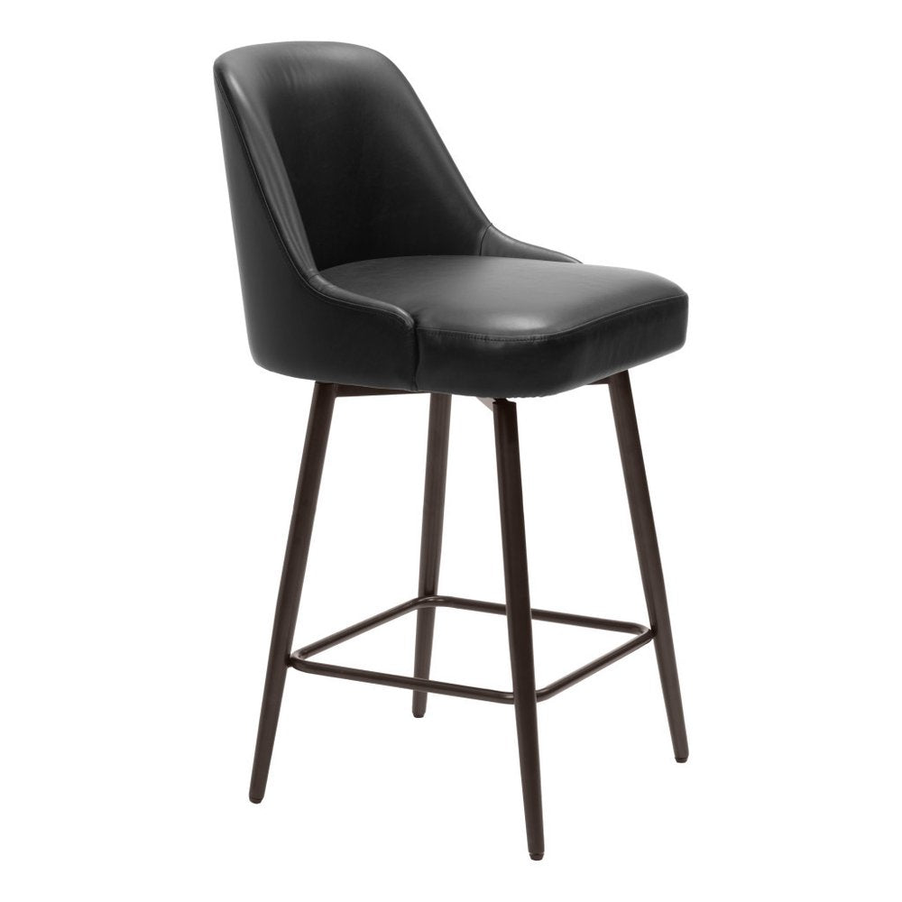 26" Black And Bronze Faux Leather And Steel Counter Height Swivel Bar Chair