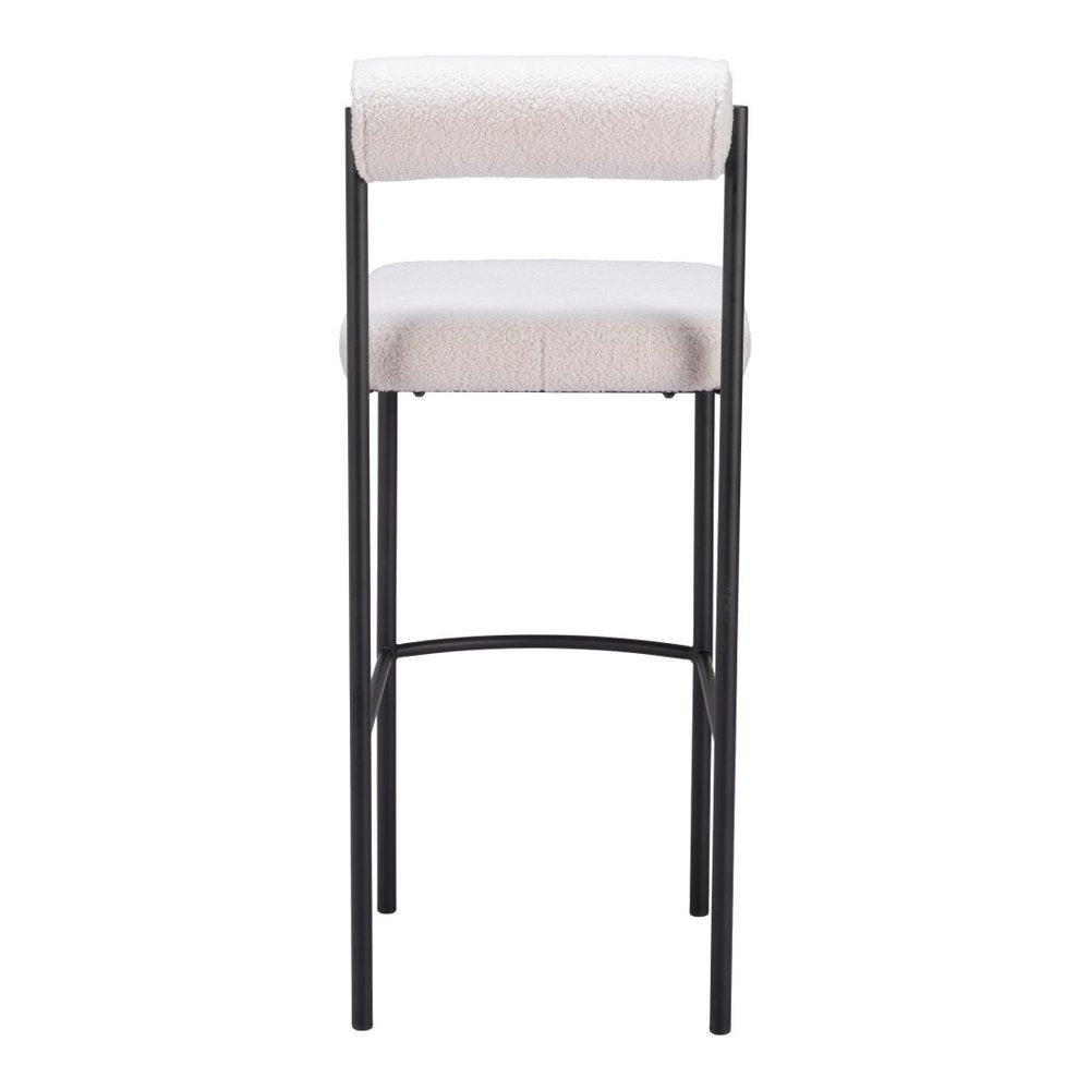 Set of Two 30" Ivory And Black Shearling And Fabric And Steel Low Back Bar Height Bar Chairs