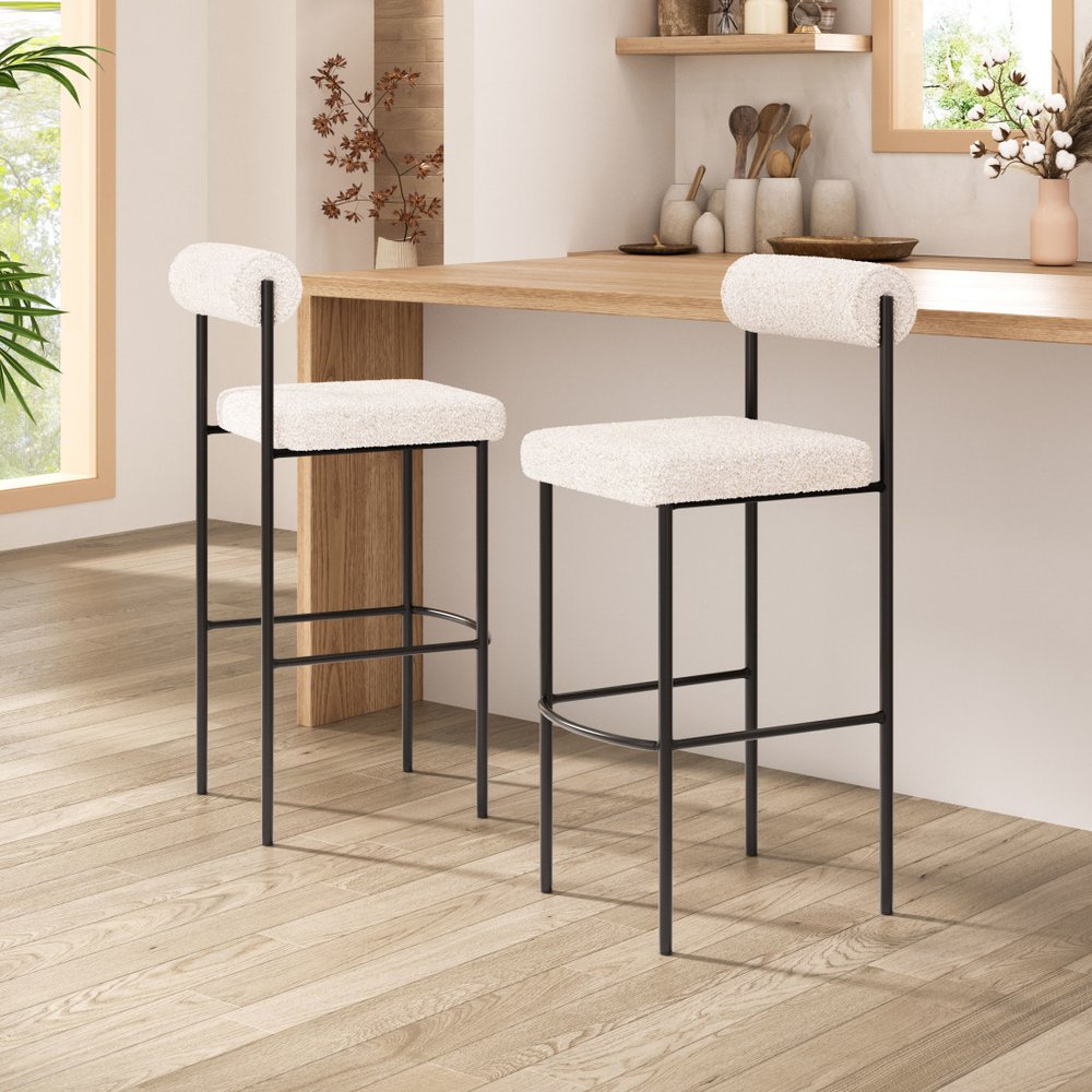 Set of Two 30" Ivory and Black Shearling and Steel Low Back Bar Height Bar Chairs