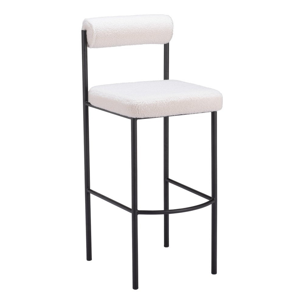 Set of Two 30" Ivory And Black Shearling And Fabric And Steel Low Back Bar Height Bar Chairs