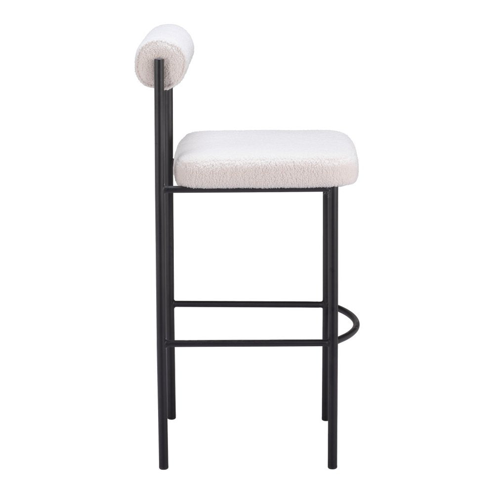 Set of Two 30" Ivory And Black Shearling And Fabric And Steel Low Back Bar Height Bar Chairs