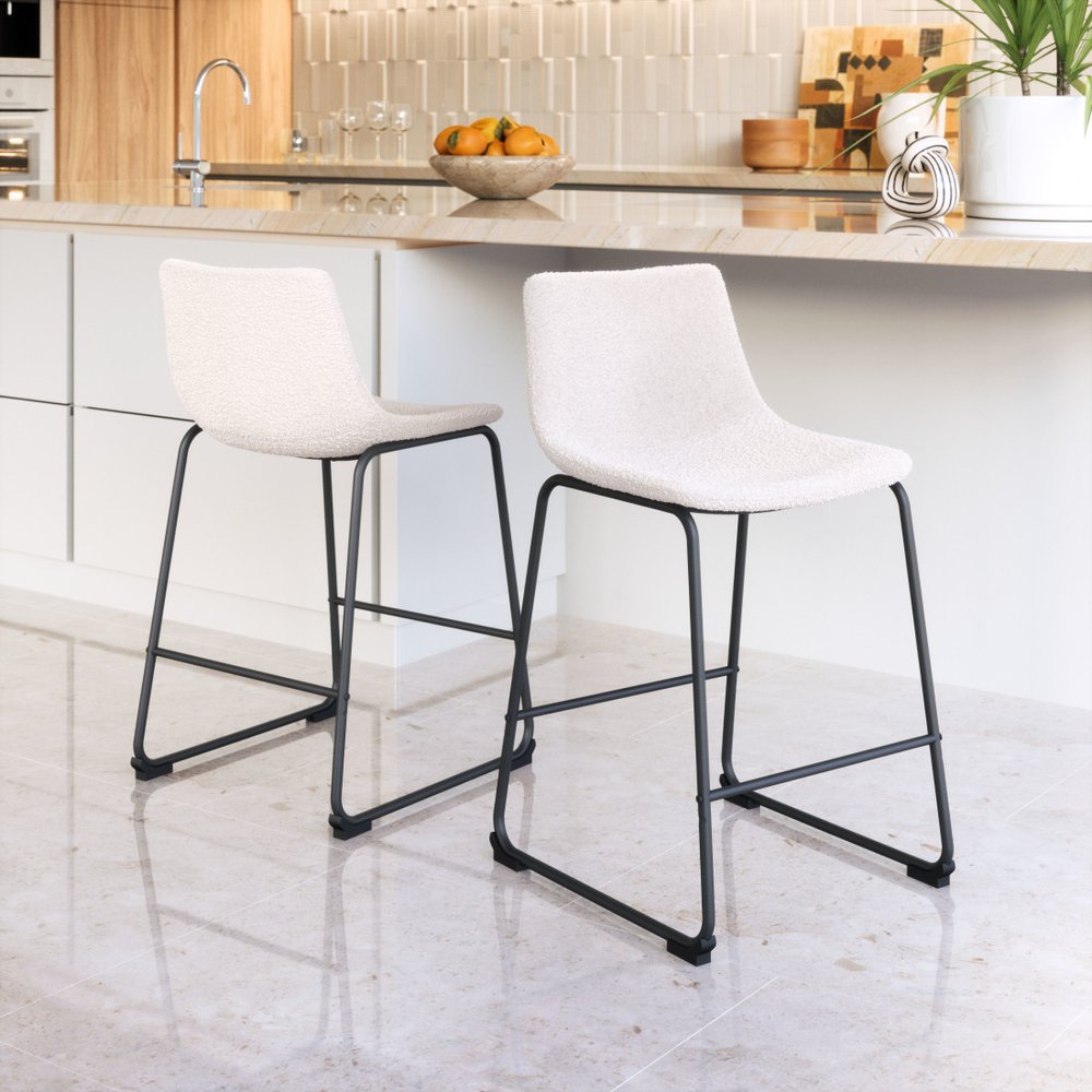 Set of Two 24" Ivory And Black Shearling And Steel Counter Height Bar Chairs