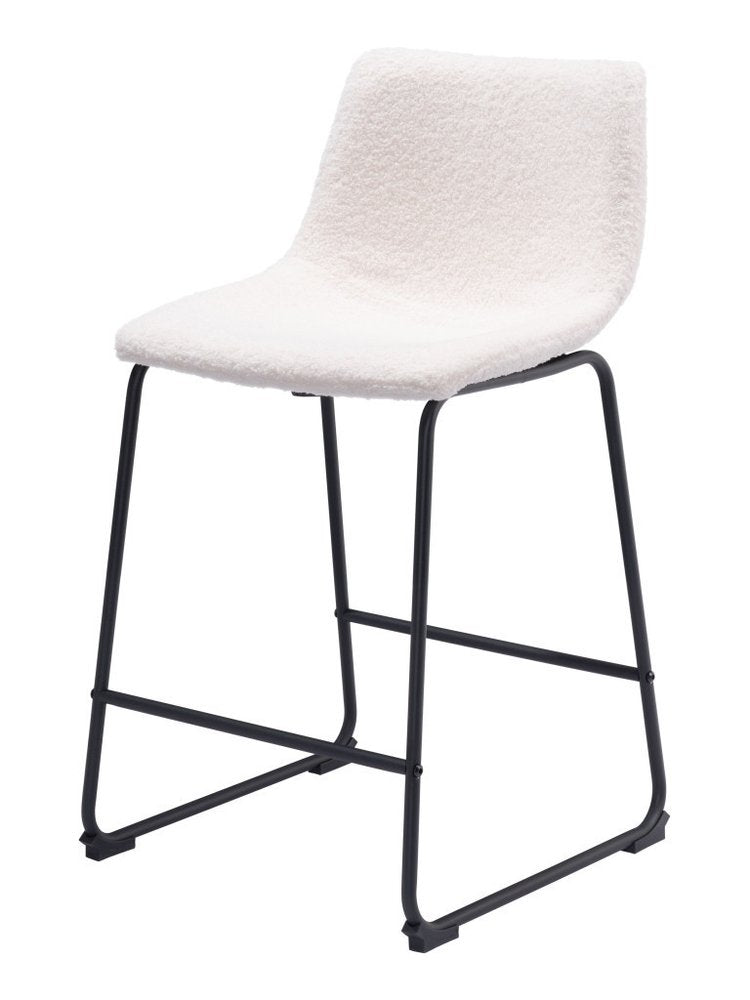 Set of Two 24" Ivory And Black Shearling And Steel Counter Height Bar Chairs