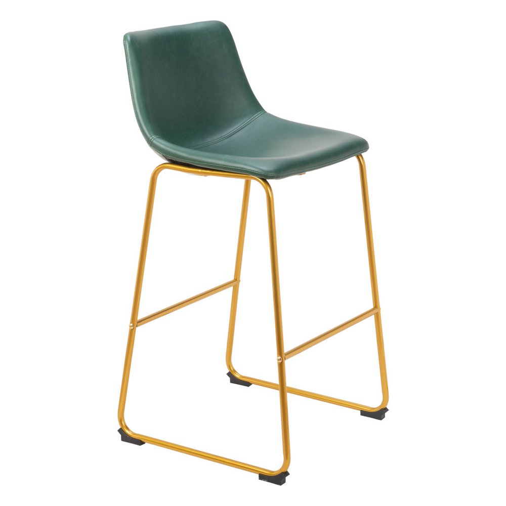 Set of Two 29" Green And Gold Faux Leather And Steel Bar Height Bar Chairs