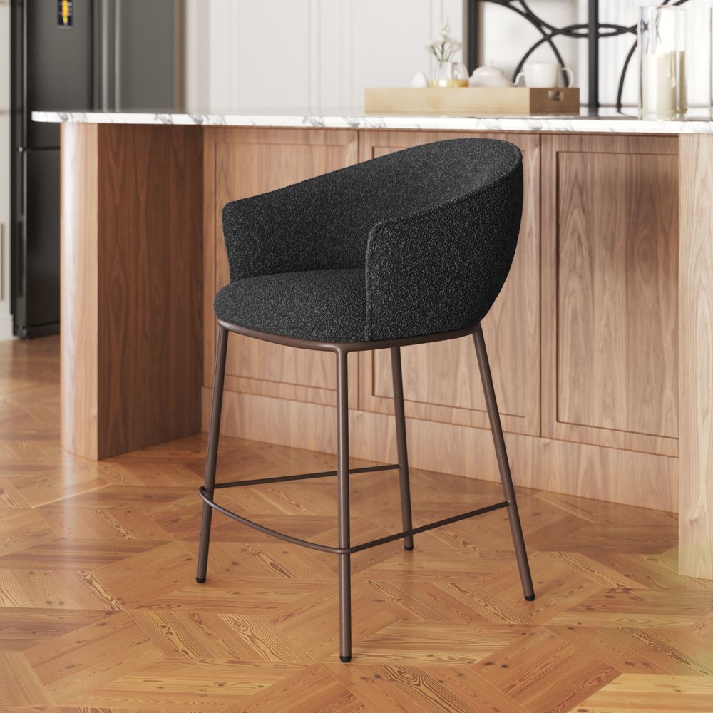 26" Black and Bronze Shearling and Steel Counter Height Bar Chair