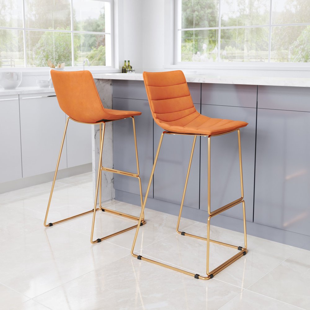 Set of Two 30" Orange And Gold Velvet And Steel Bar Height Bar Chairs