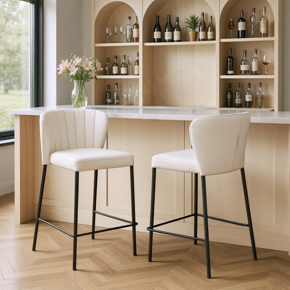 Set of Two 26" Cream And Black Faux Leather And Steel Counter Height Bar Chairs