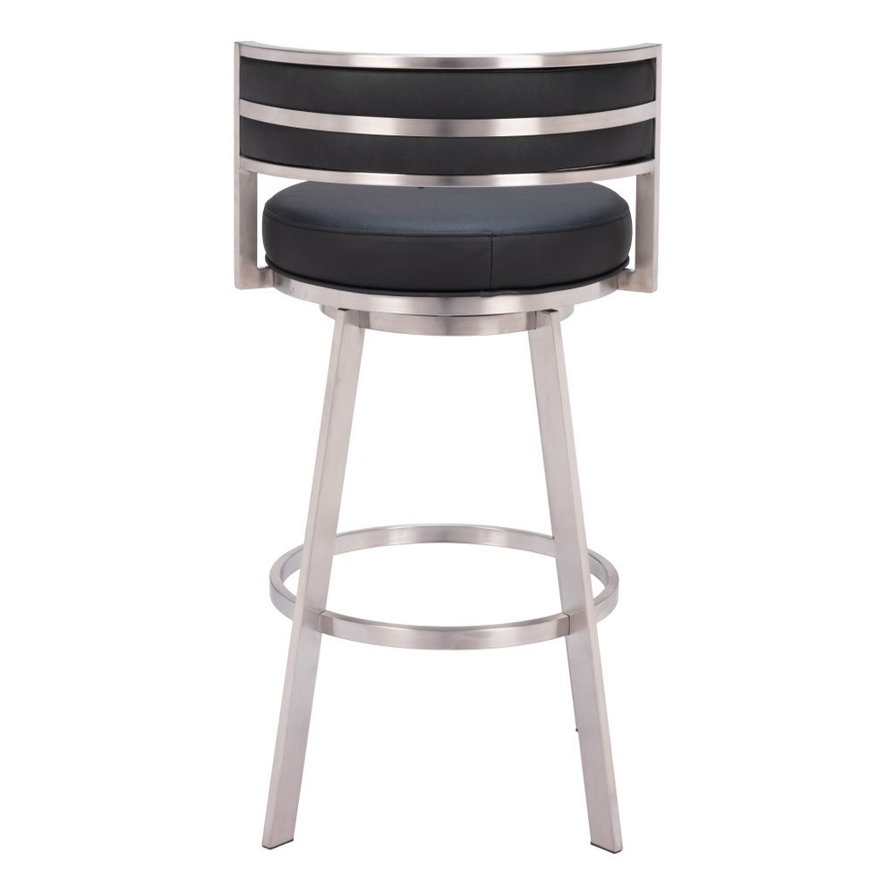 31" Black And Silver Faux Leather And Stainless Steel Low Back Bar Height Swivel Bar Chair