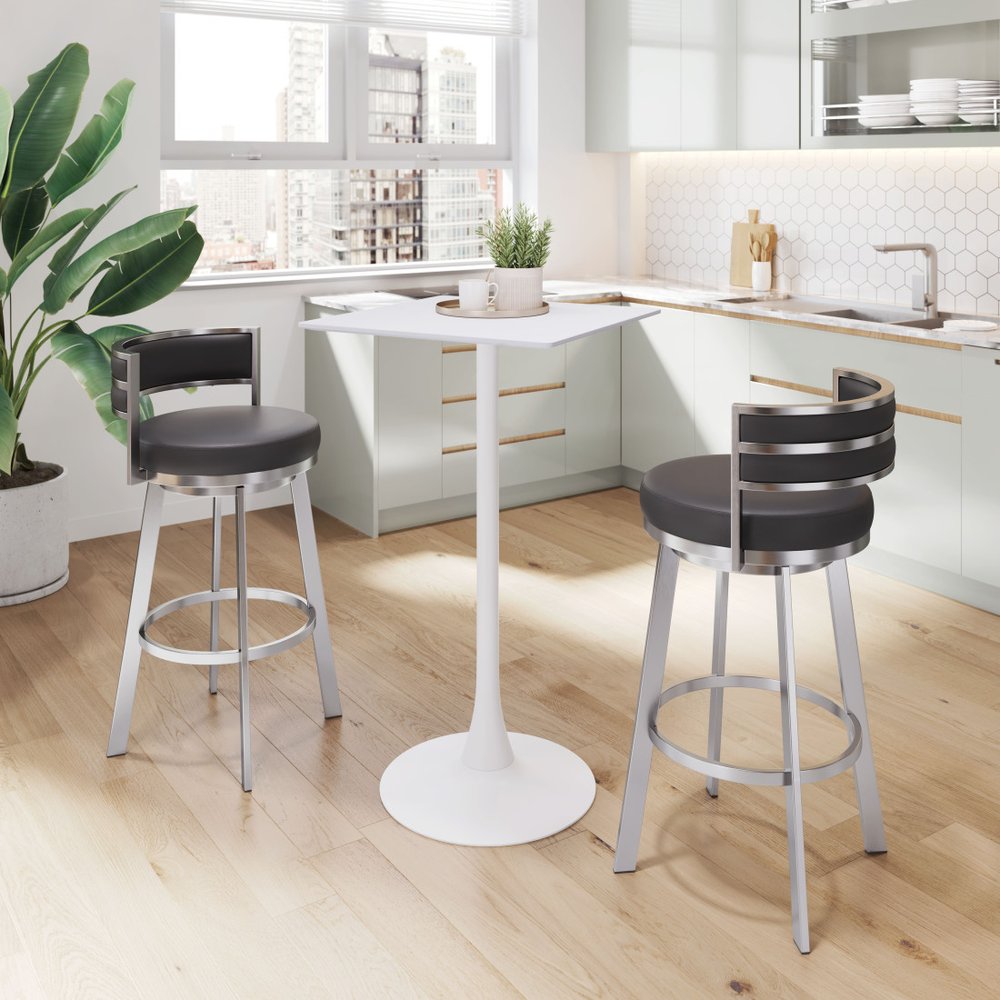 31" Black And Silver Faux Leather And Stainless Steel Low Back Bar Height Swivel Bar Chair