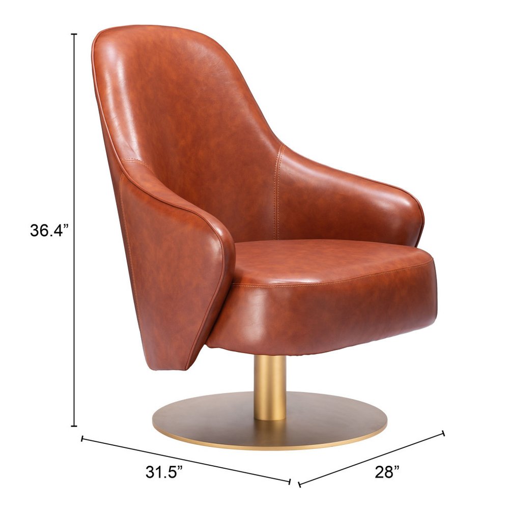 28" Brown And Gold Faux Leather And Faux Leather Swivel Arm Chair