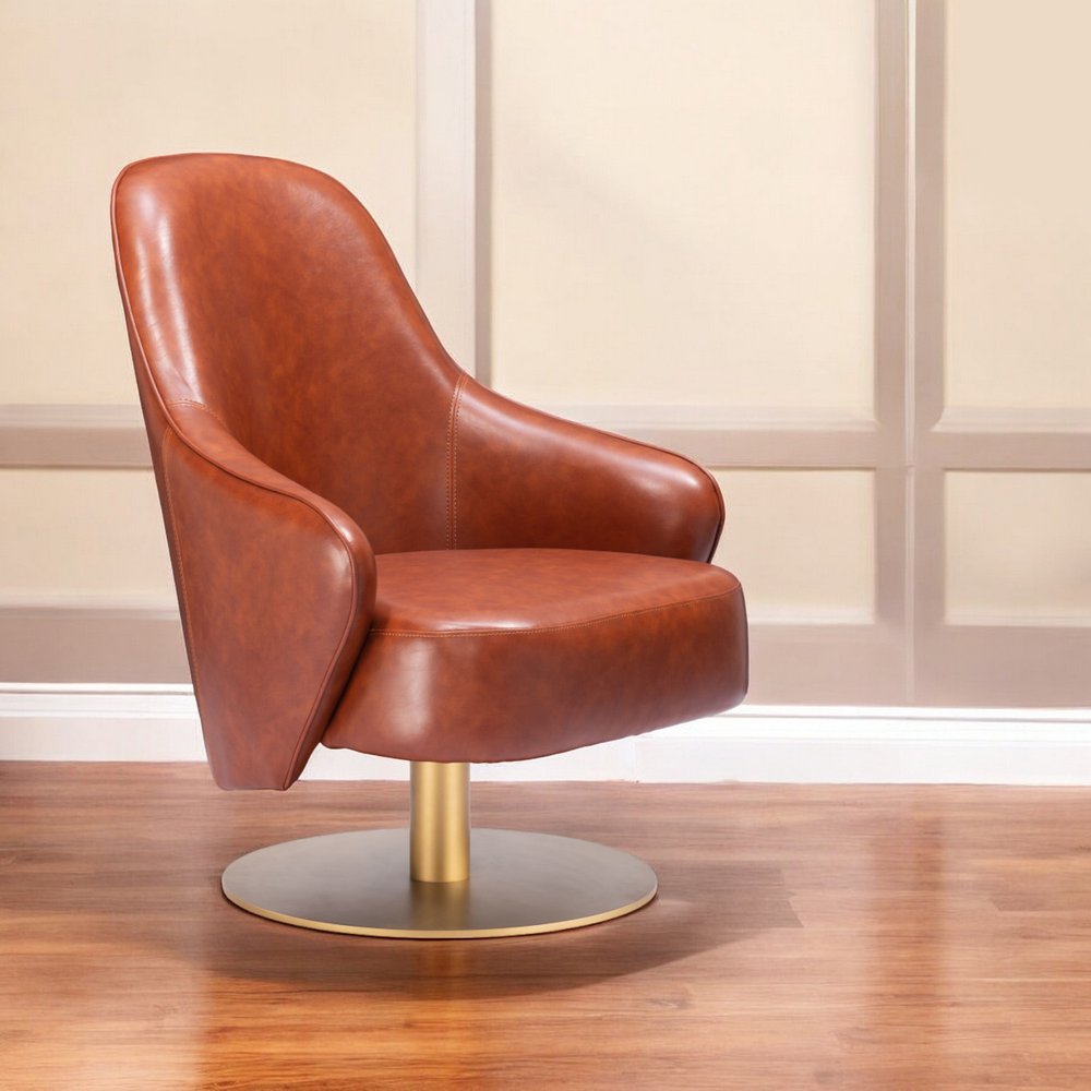 28" Brown And Gold Faux Leather And Faux Leather Swivel Arm Chair