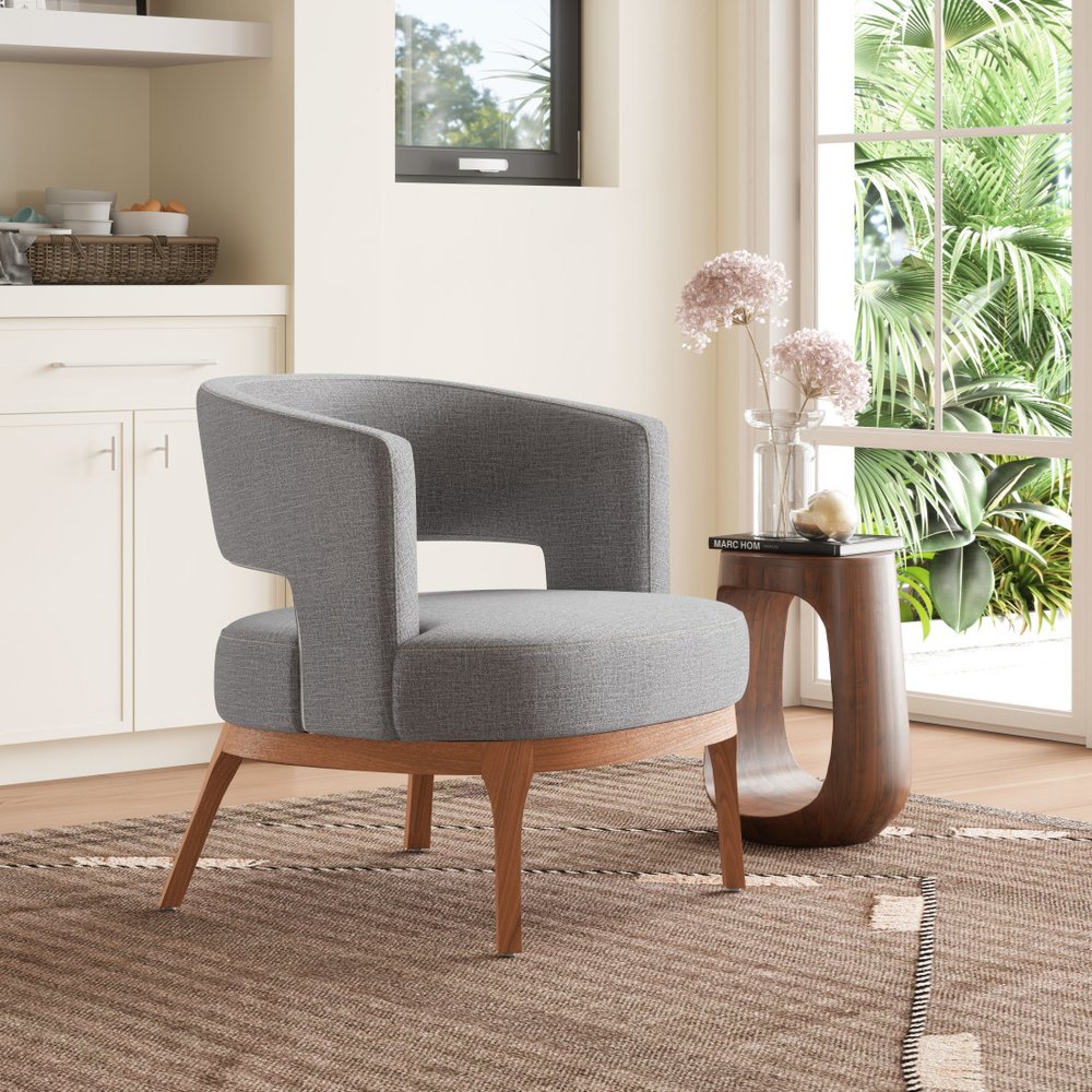 27" Slate Gray And Brown Faux Leather Arm Chair