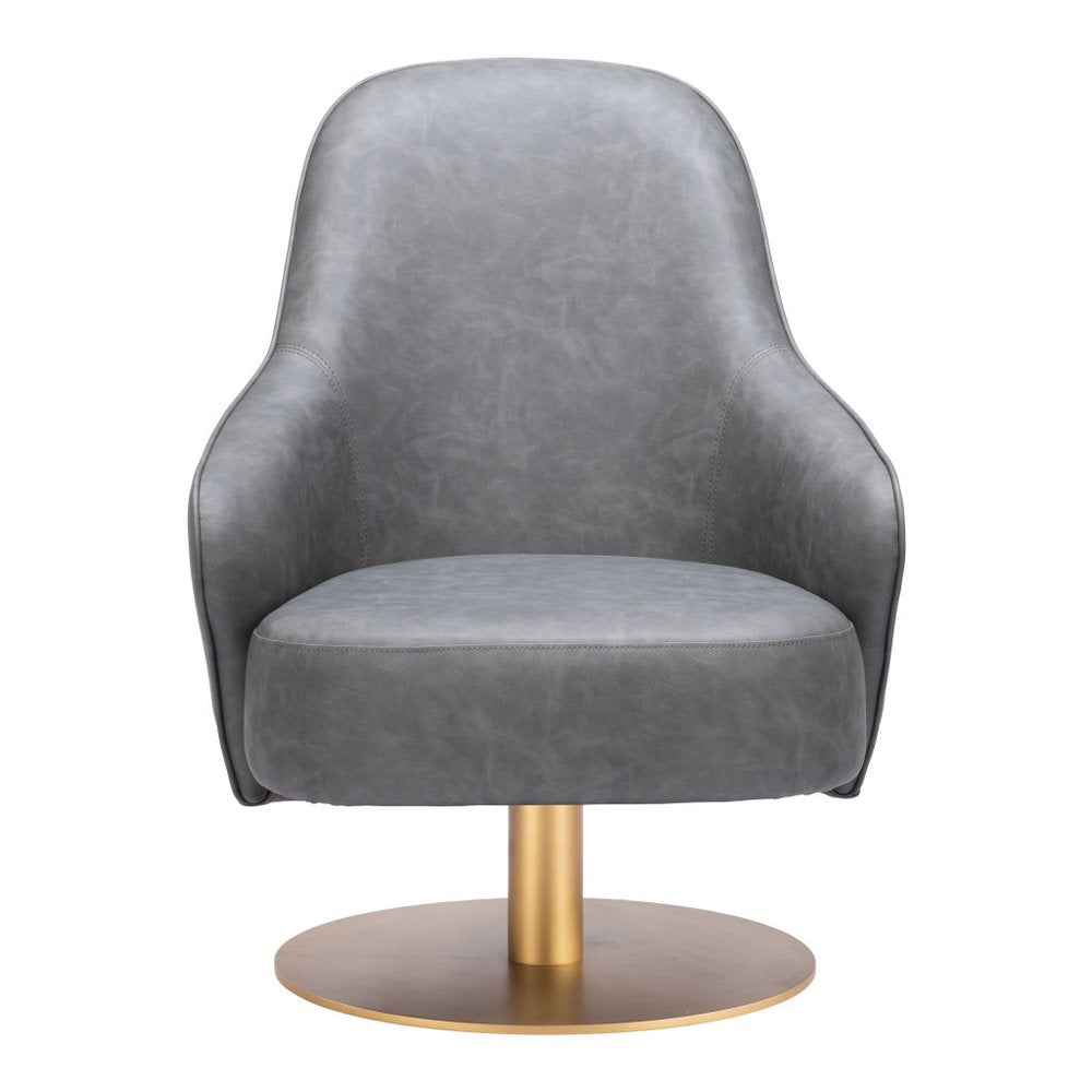 28" Gray And Gold Faux Leather And Faux Leather Swivel Arm Chair
