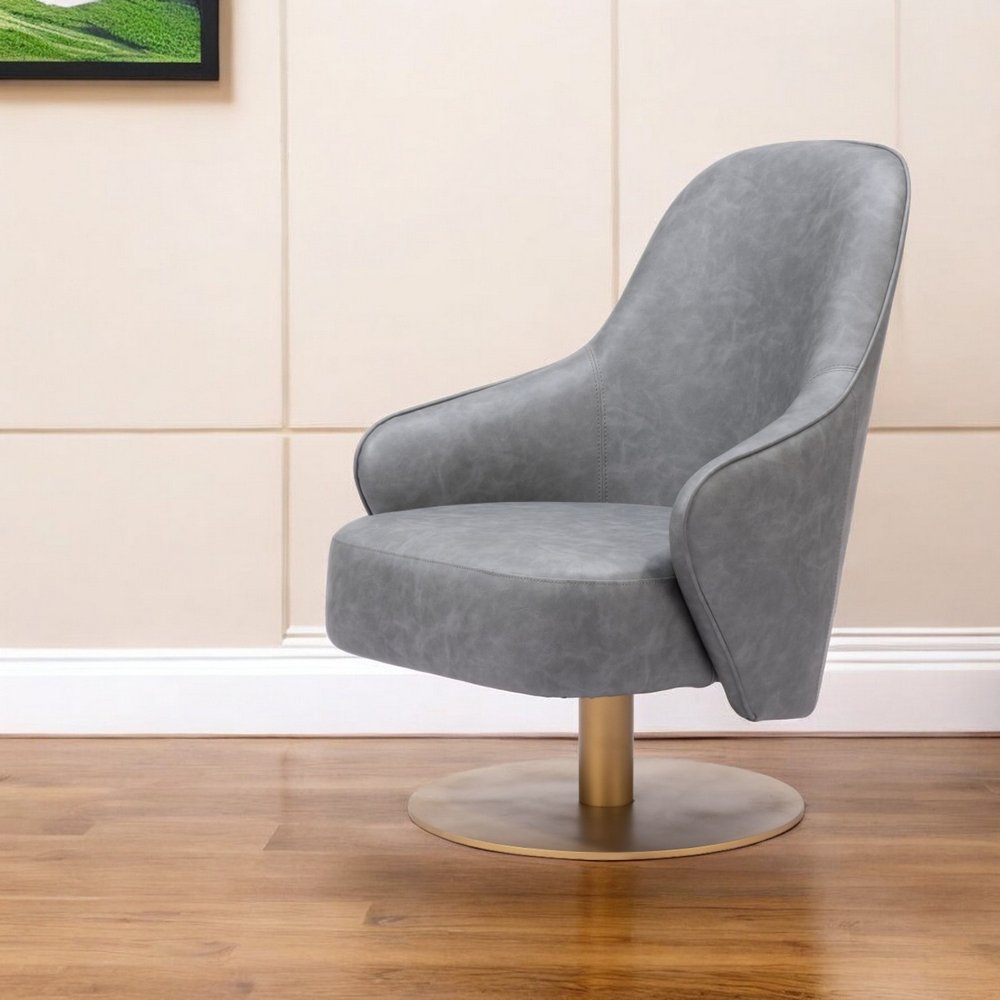 28" Gray And Gold Faux Leather And Faux Leather Swivel Arm Chair