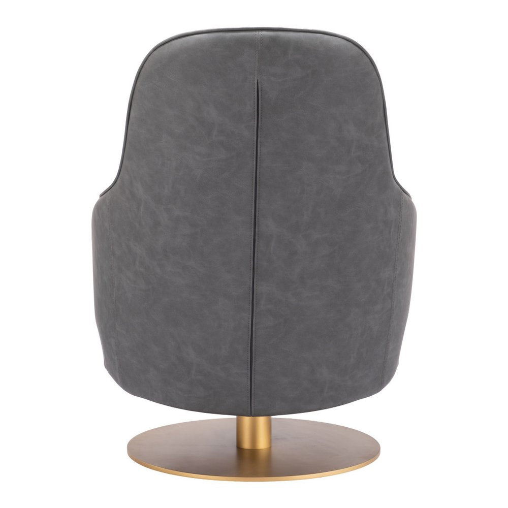 28" Gray And Gold Faux Leather And Faux Leather Swivel Arm Chair