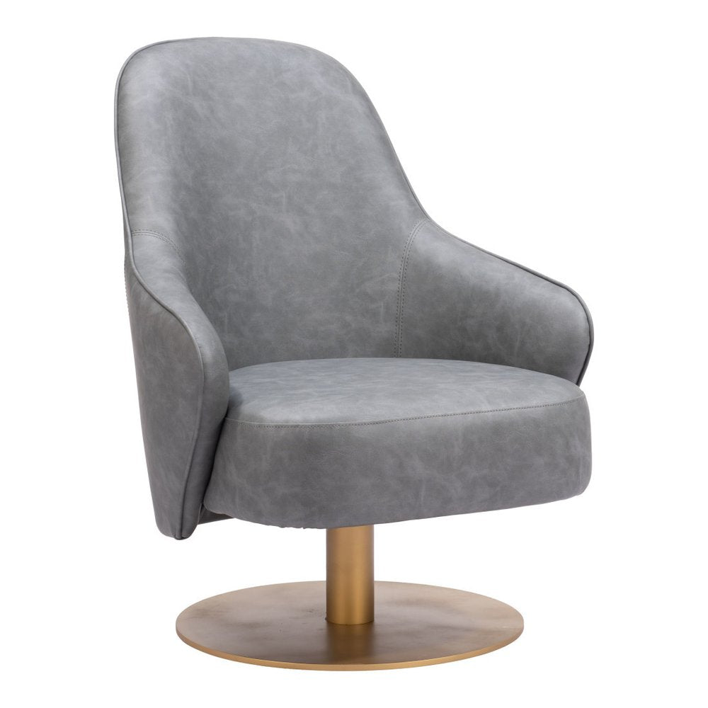 28" Gray And Gold Faux Leather And Faux Leather Swivel Arm Chair