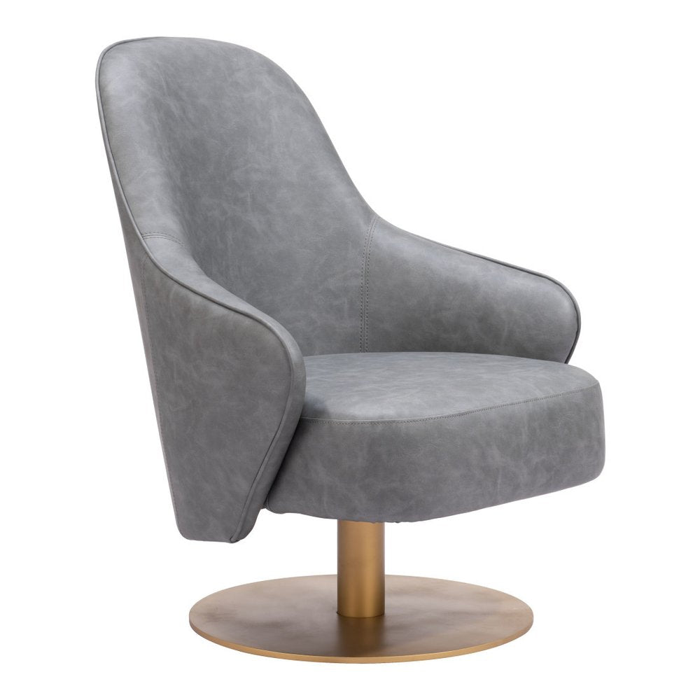 28" Gray And Gold Faux Leather And Faux Leather Swivel Arm Chair