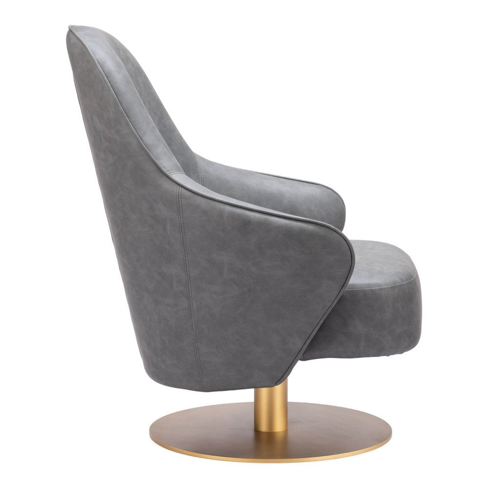 28" Gray And Gold Faux Leather And Faux Leather Swivel Arm Chair