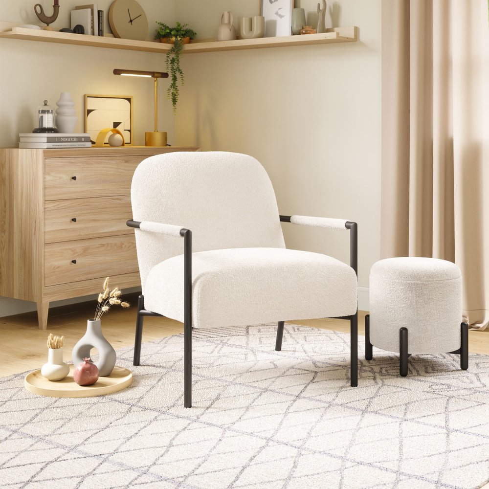 26" Ivory And Black Faux Shearling And Upholstered Arm Chair