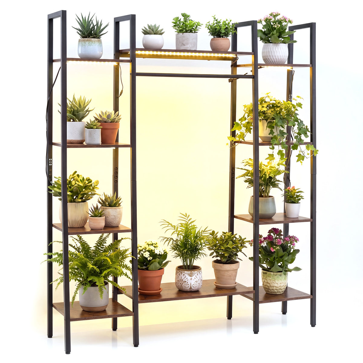 55.5 inch Tall Plant Stand 10-Tier Plant Rack with 16 Colors LED Strip Lights-Rustic Brown