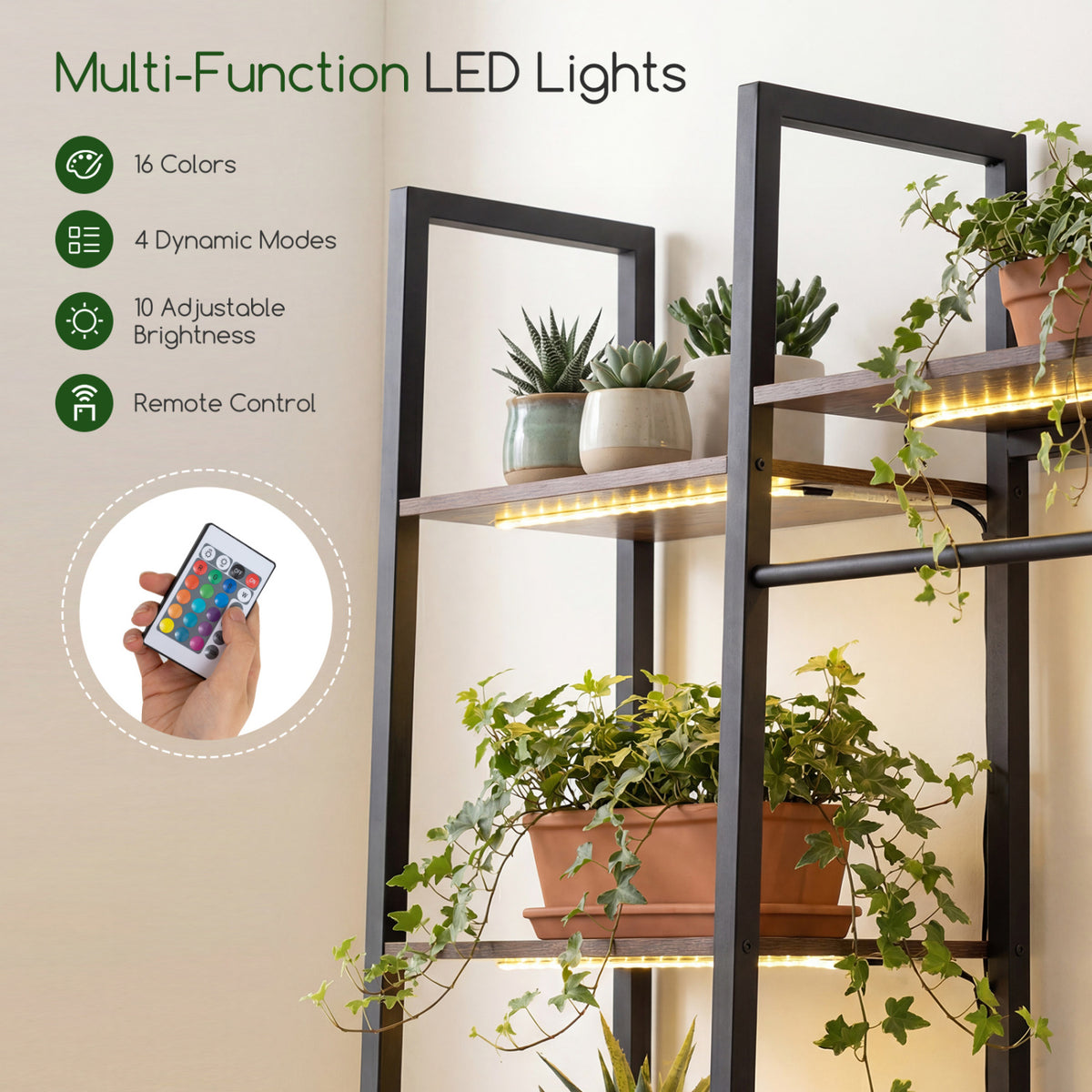 55.5 inch Tall Plant Stand 10-Tier Plant Rack with 16 Colors LED Strip Lights-Rustic Brown