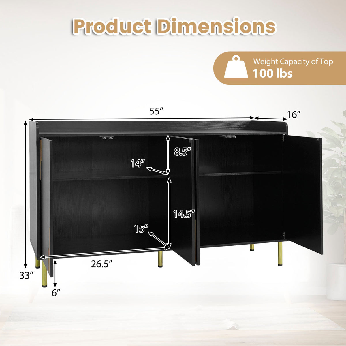 55" Buffet Cabinet with 4 Doors and 5 Metal Legs Modern Credenza-Black